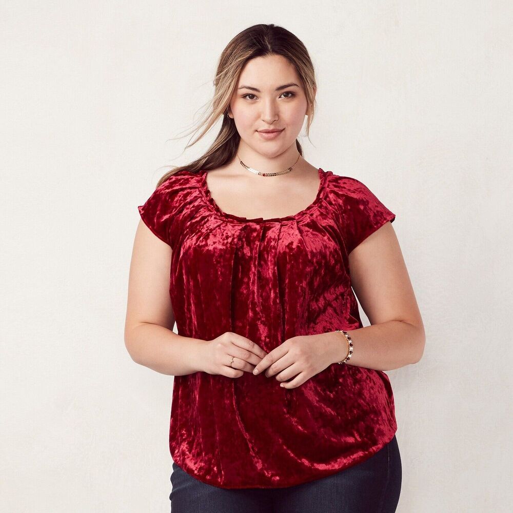LC Lauren Conrad Size S Velvet Pleated Top Red Short Cap Sleeve Keyhole Back
